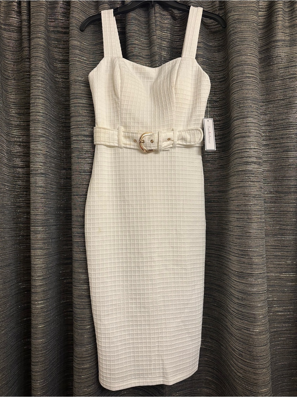 Ivory Textured Square-Neck Midi Dress with Gold Buckle Belt